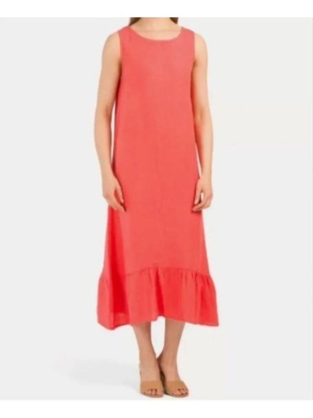 Terzo Millennio Dress Womens Medium Tomato Red Linen Sleeveless Ruffle Hem Boho